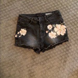 Black flower jean shorts